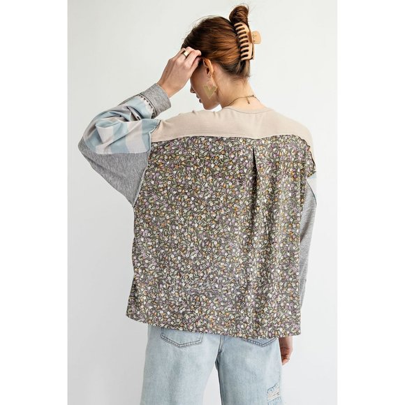 Easel top long sleeve Stripe Floral Print Cotton Oversized easel shirt NEW small - Picture 5 of 5
